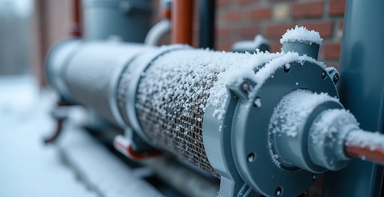 Détail en gros plan d’un échangeur de chaleur et compresseur moderne d’une thermopompe en hiver