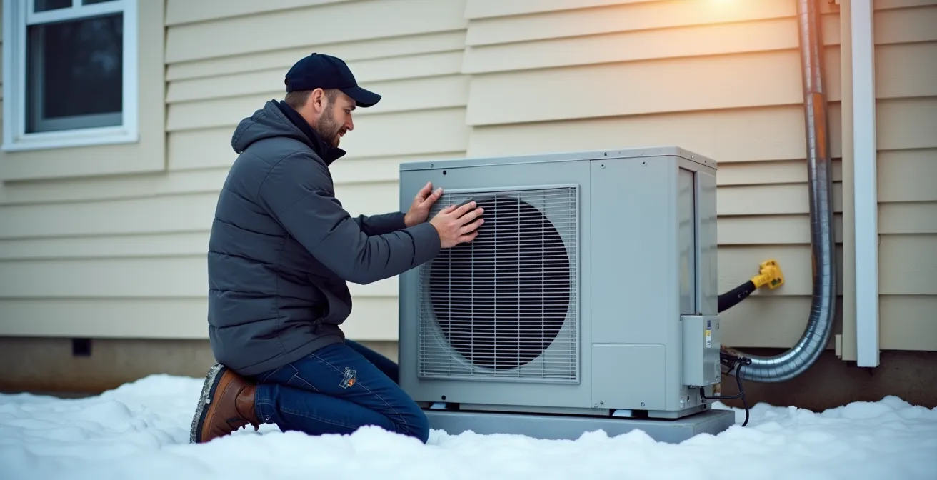 Installation professionnelle d’une thermopompe extérieure sur un mur avec un technicien en équipement de chauffage, en hiver