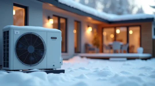 Maison moderne en hiver montrant une thermopompe installée extérieurement avec un fond enneigé lumineux et un ciel clair, composition épurée avec espace négatif