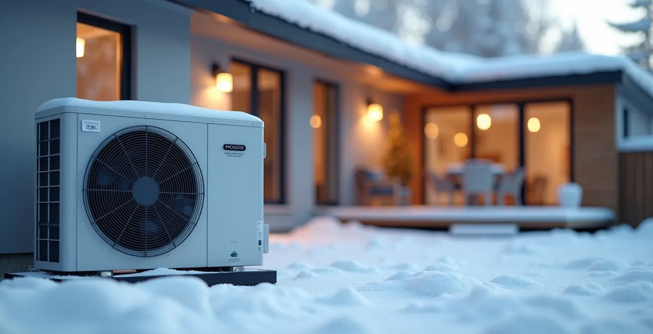 Maison moderne en hiver montrant une thermopompe installée extérieurement avec un fond enneigé lumineux et un ciel clair, composition épurée avec espace négatif