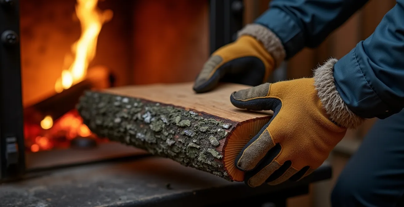Mains positionnant une grande bûche dans un foyer avec technique d'allumage