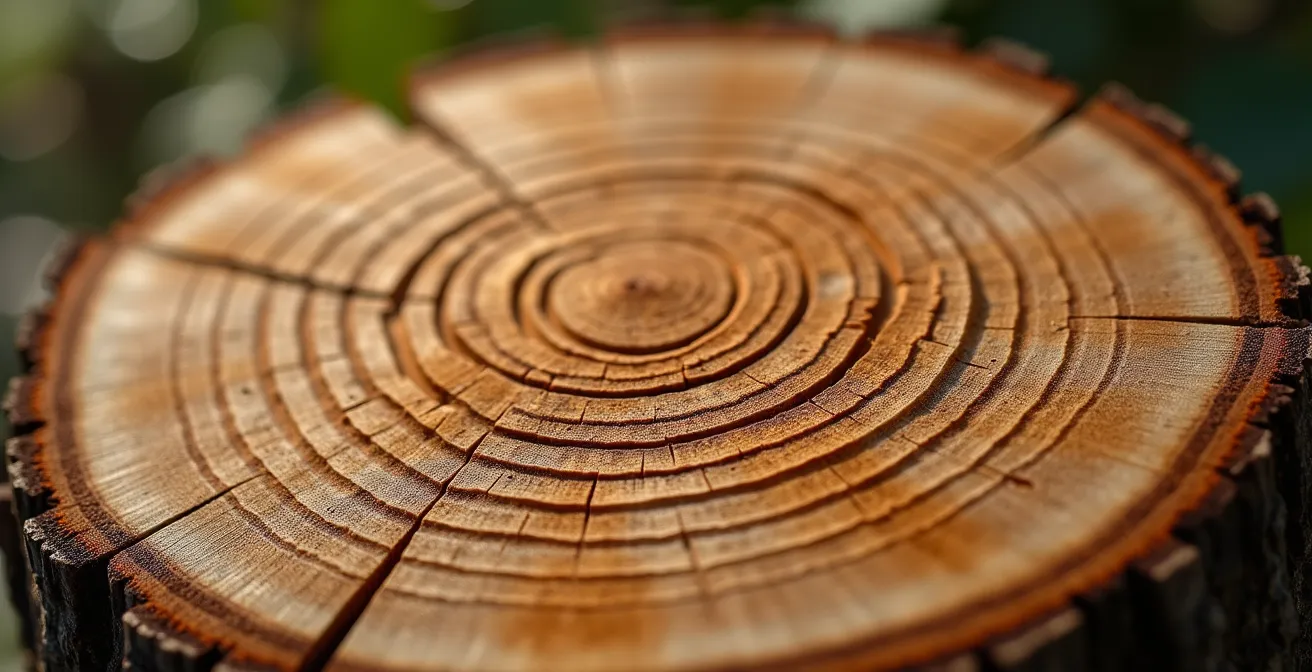 Vue rapprochée sur la texture et les cernes d'une bûche de chêne fendue