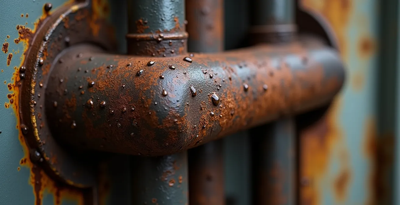 Gros plan sur les dommages de corrosion d'une chaudière causés par l'eau
