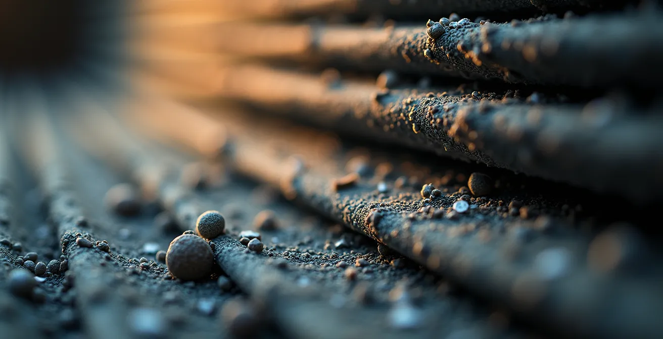 Vue macro d'un filtre de ventilation avec accumulation de poussière et débris visibles en détail