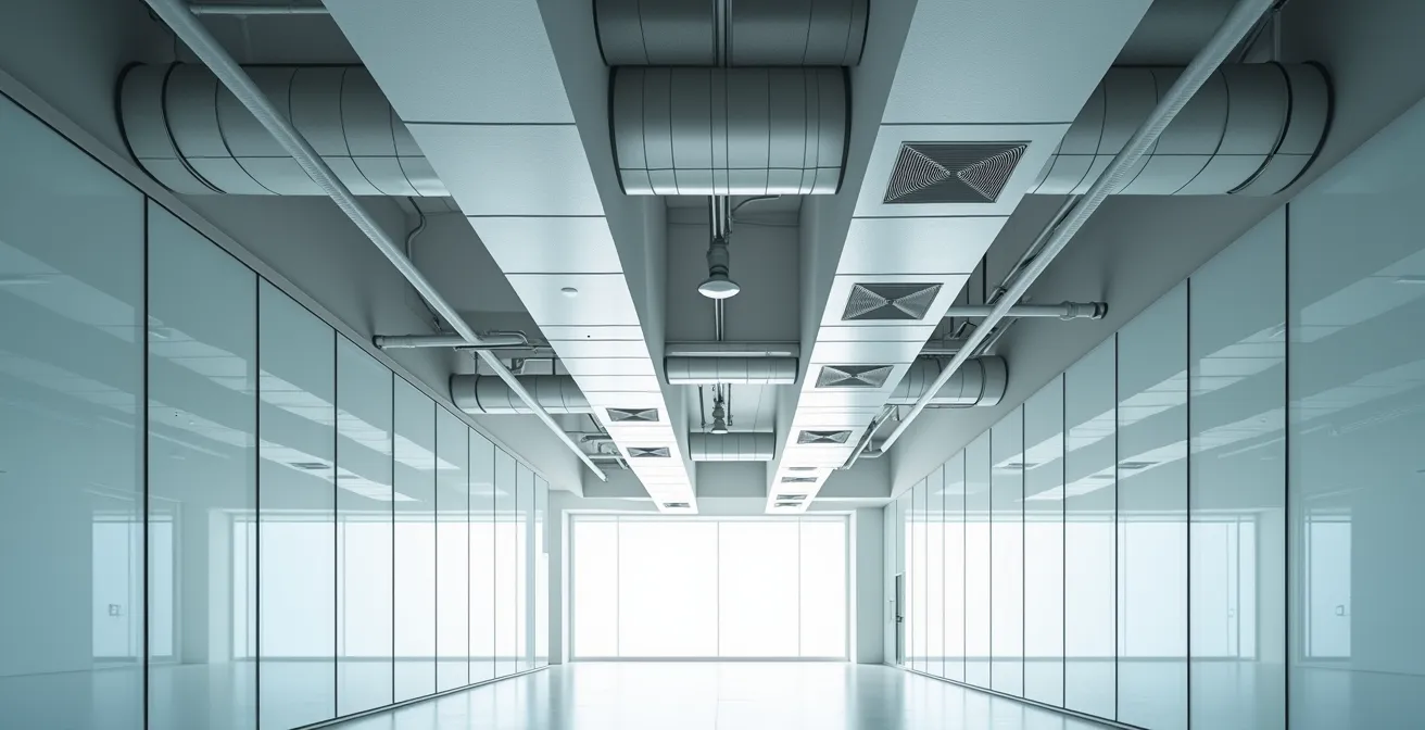 Vue large d'un espace de bureau moderne avec système de ventilation apparent intégré harmonieusement au plafond