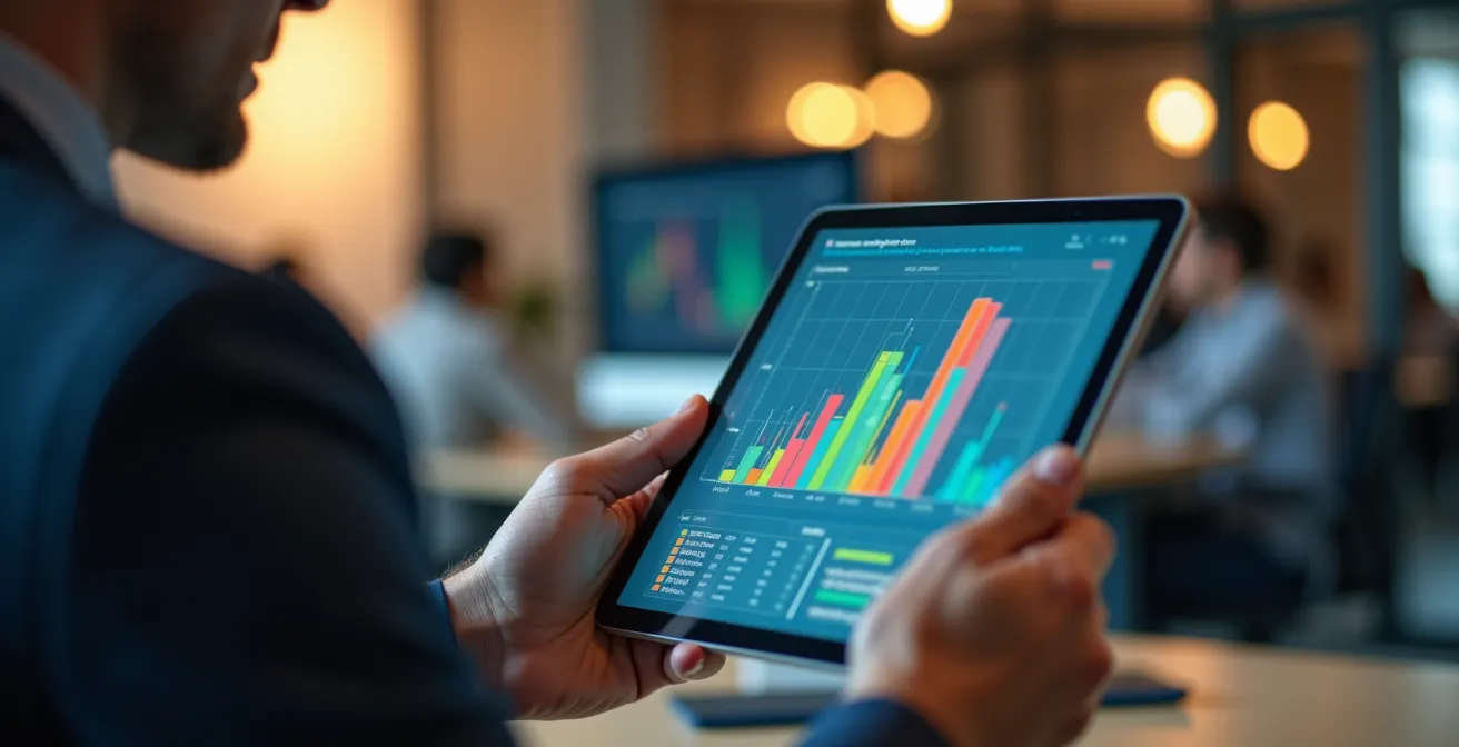 Personne concentrée analysant des graphiques de consommation énergétique sur tablette