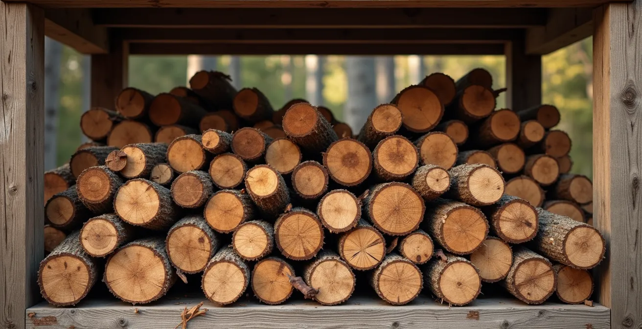 Abri à bois rempli de grandes bûches de 50cm montrant l'organisation et l'espace nécessaire