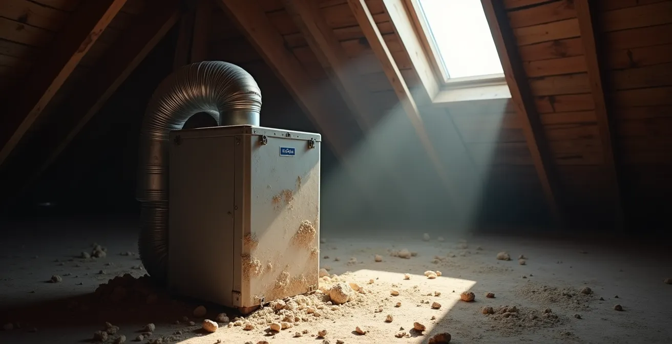 Vue en plongée d'un caisson de VMC encrassé dans des combles poussiéreux