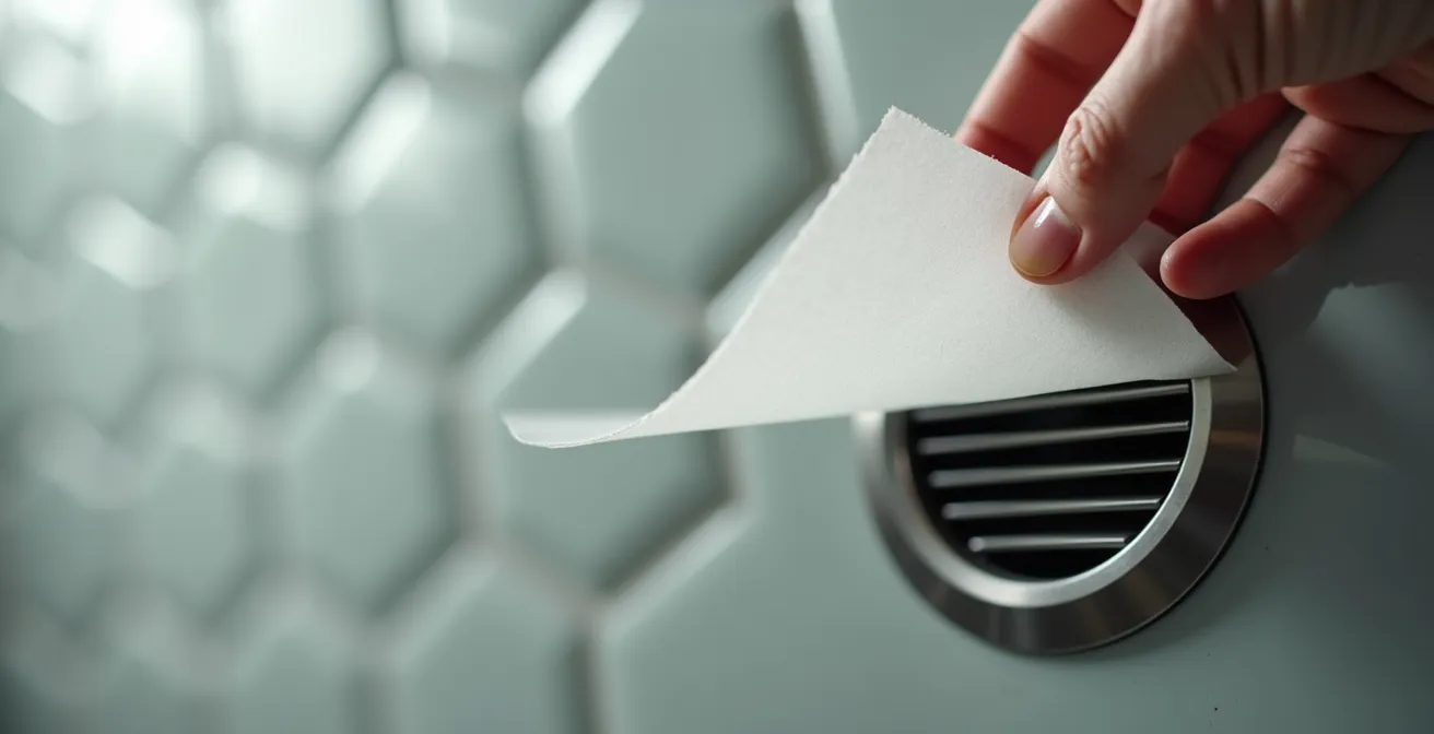 Main tenant une feuille de papier près d'une bouche d'extraction murale
