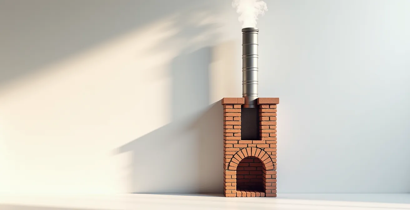 Coupe technique d'un conduit de cheminée montrant le tirage naturel et les flux d'air chaud