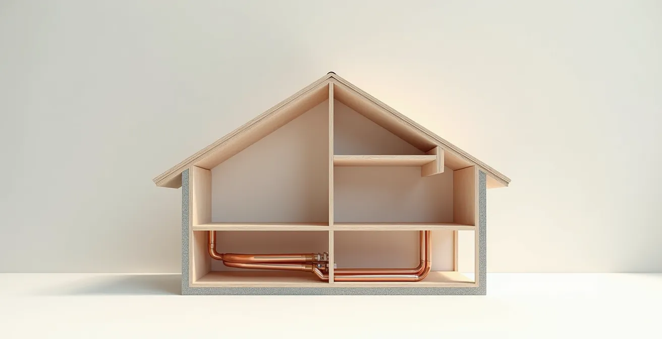 Vue en coupe d'une maison montrant l'intégration complète du système de chauffage