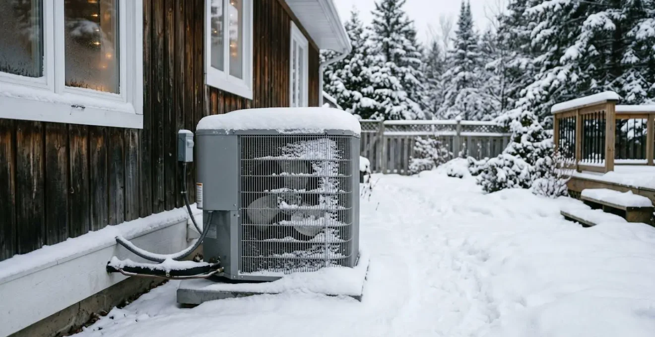 Unité extérieure de thermopompe dans la neige en hiver québécois, démontrant le fonctionnement par grand froid