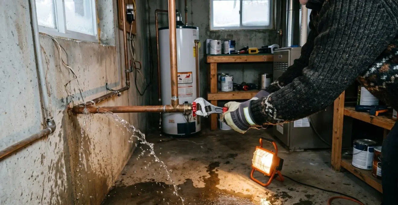 Gros plan de mains fermant une vanne d'arrêt d'eau avec une clé à molette dans un sous-sol résidentiel, fuite visible sur tuyau de cuivre avec eau s'écoulant sur sol béton