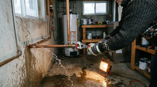 Gros plan de mains fermant une vanne d'arrêt d'eau avec une clé à molette dans un sous-sol résidentiel, fuite visible sur tuyau de cuivre avec eau s'écoulant sur sol béton