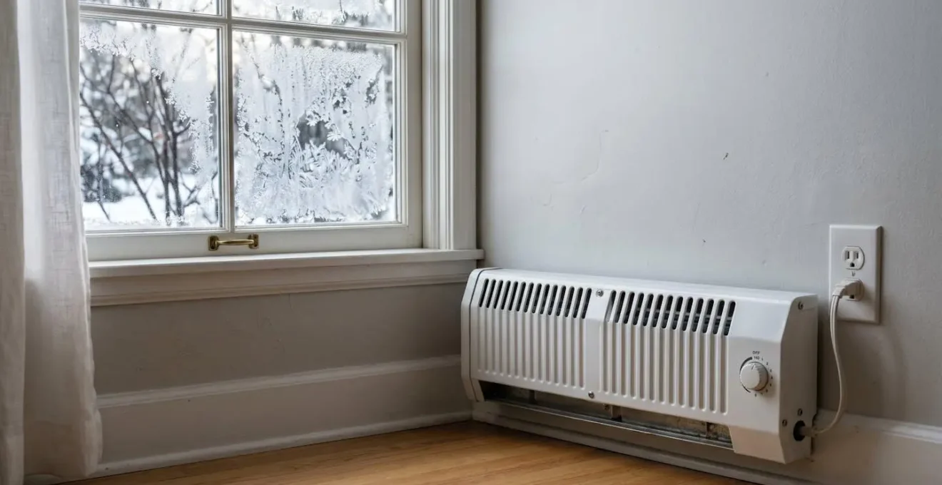 Plinthe électrique murale dans une pièce en hiver, illustrant le contraste avec les systèmes thermopompes à haute efficacité