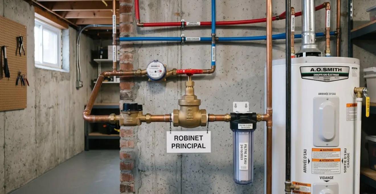 Sous-sol résidentiel montrant un robinet d'arrêt principal en laiton sur tuyau d'alimentation, avec étiquette 'Robinet principal' et chauffe-eau en arrière-plan