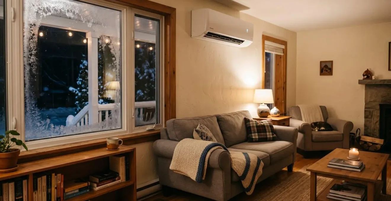 Unité murale de thermopompe fonctionnant en mode chauffage dans un salon québécois en hiver, avec fenêtre enneigée en arrière-plan
