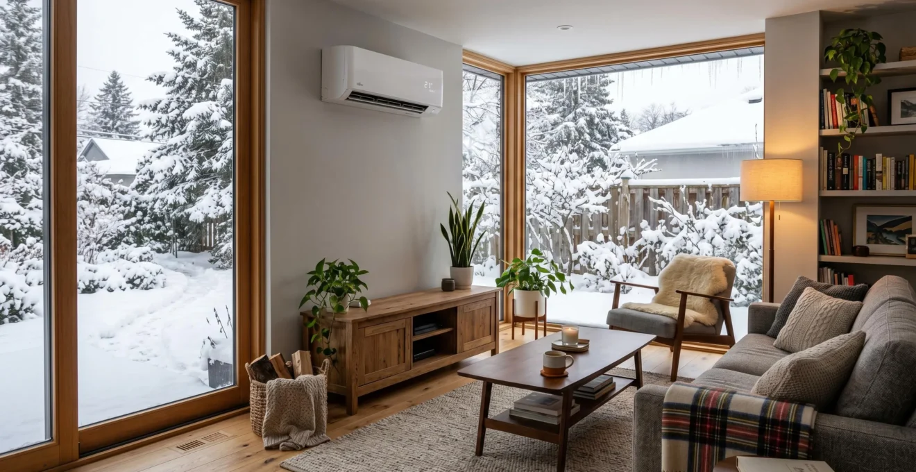 Thermopompe murale en fonctionnement dans un salon québécois en hiver, avec une fenêtre enneigée en arrière-plan