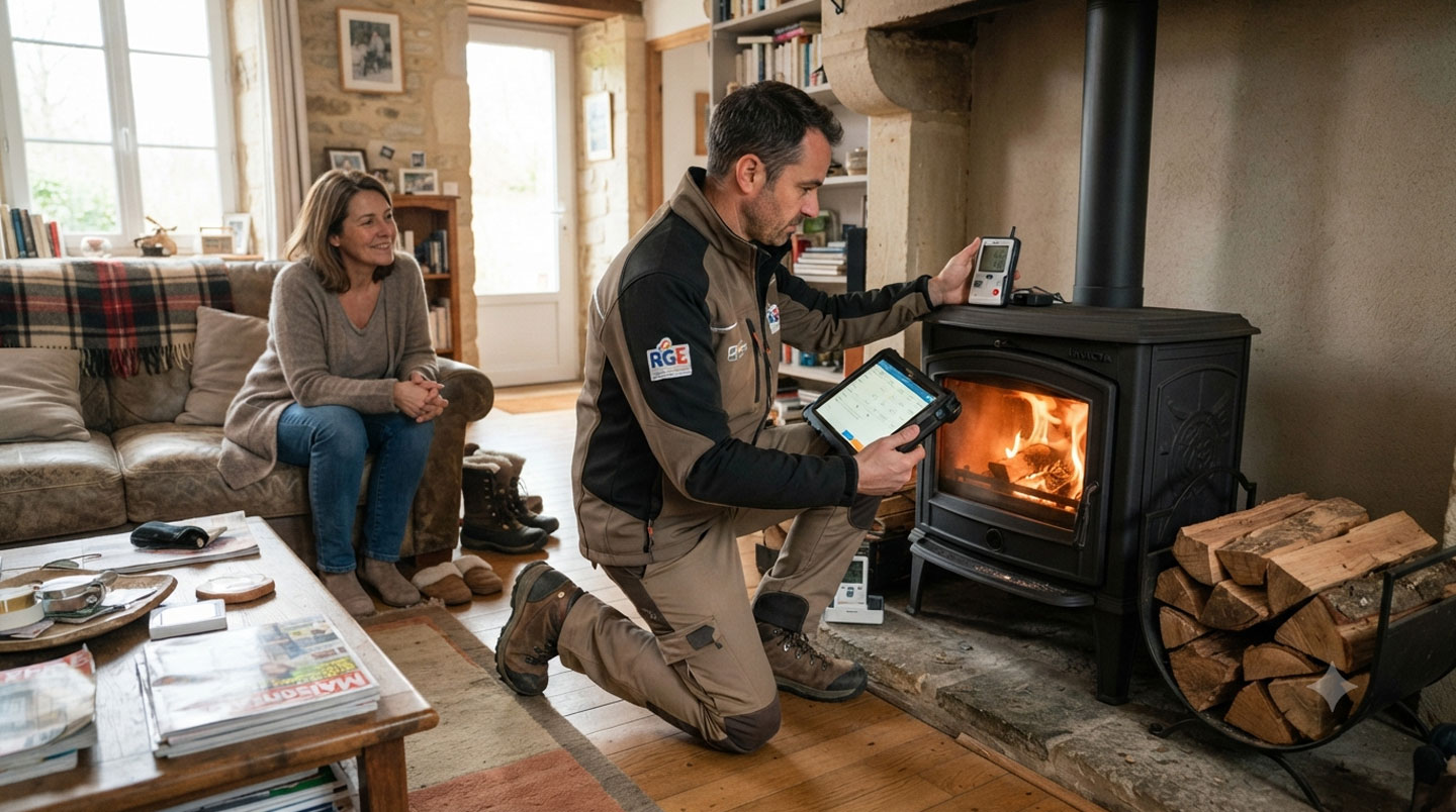 Technicien certifié RGE réalisant le diagnostic technique d'un conduit de fumée avec équipement de mesure professionnel