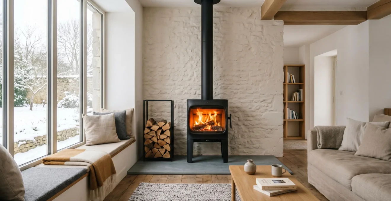 Poêle à bois moderne en fonctionnement dans un salon contemporain français avec flammes visibles et design épuré