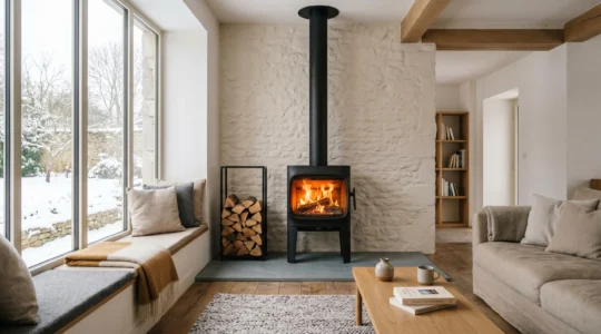Poêle à bois moderne en fonctionnement dans un salon contemporain français avec flammes visibles et design épuré